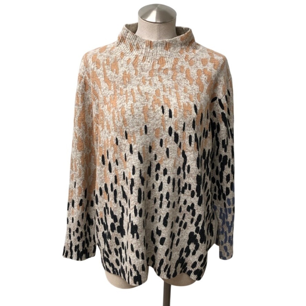 NIC+ZOE Sweater Womens XXL Beige Animal Print Mock Neck Cotton Blend Pullover